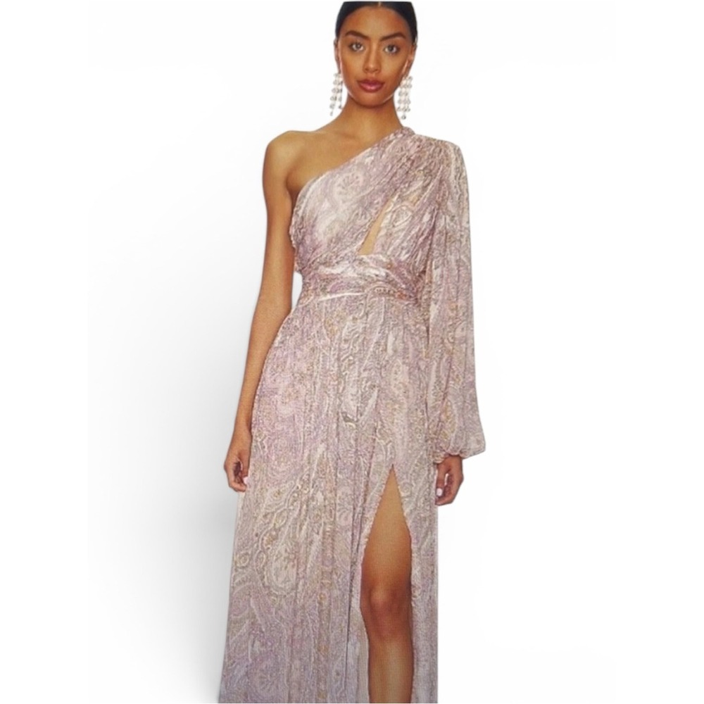 Line and Dot Gianni One-Shoulder Paisley Maxi Dress in Dusty Pink